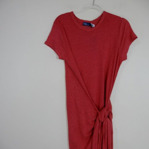 POLO Ralph Lauren Maxi T-shirt DRESS Size S Red LINEN Knot Detail Gathered NEW - Picture 6 of 8